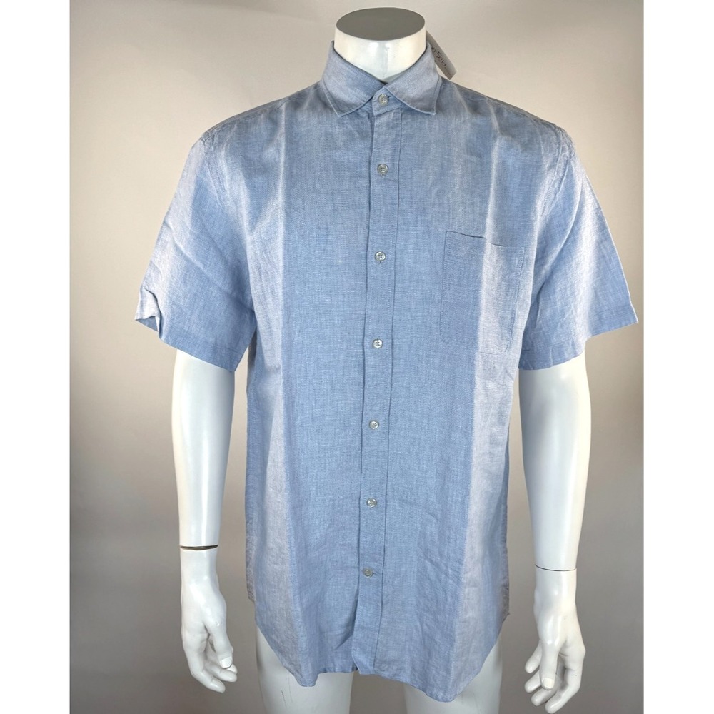 Saks Fifth Avenue Threads Linen Shirt Mens L NWT Short Sleeve Button-up Blue